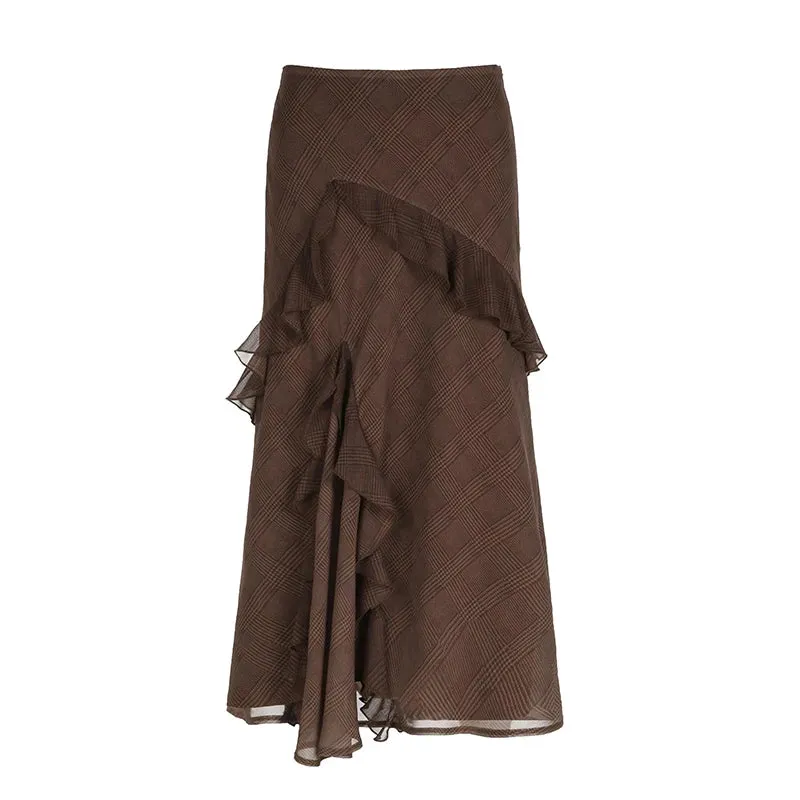 Asymmetrical Brown Boho Long Skirt Autumn Vintage Chiffon Ruffles Stitched Elegant Plaid Skirt Female Party Outfits