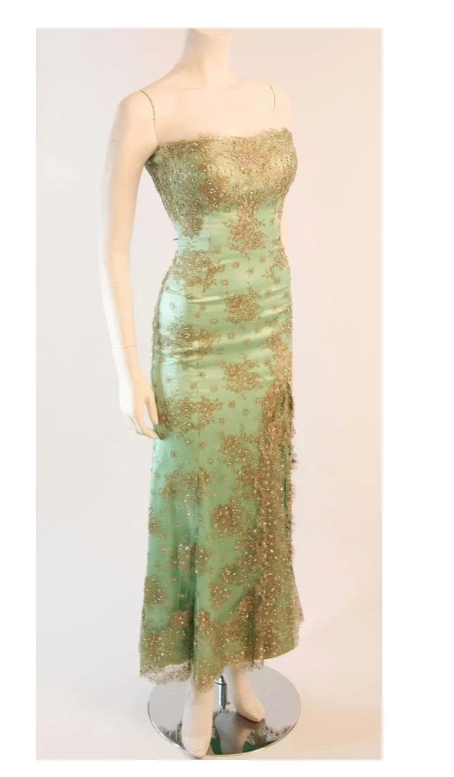 BARACCI HAUTE COUTURE Aqua Lace and Rhinestone Gown