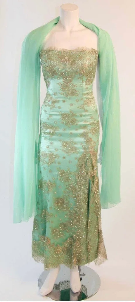 BARACCI HAUTE COUTURE Aqua Lace and Rhinestone Gown