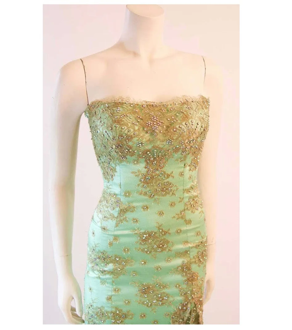 BARACCI HAUTE COUTURE Aqua Lace and Rhinestone Gown