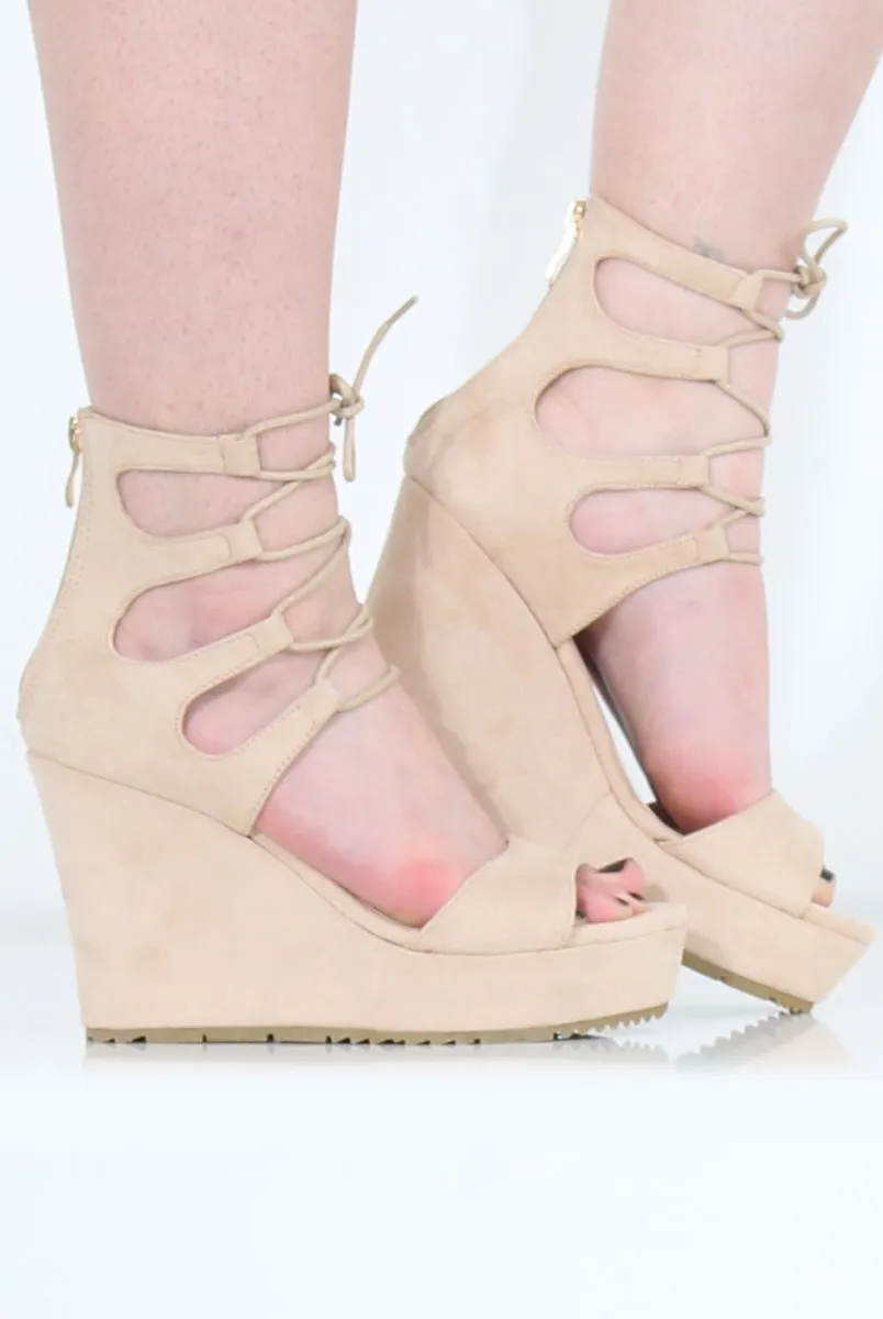 Beige Suede Tie Up Wedges - Magna