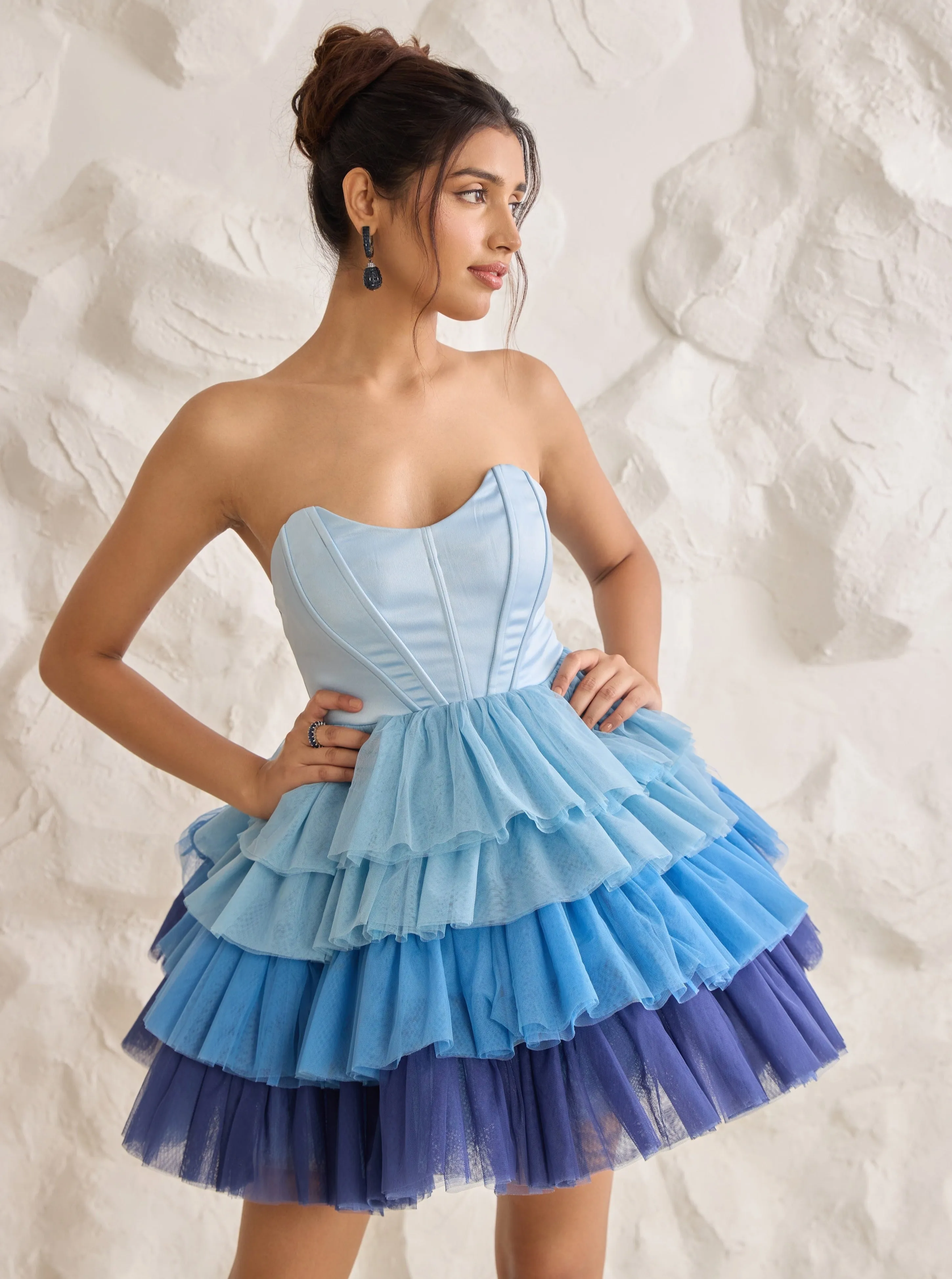 Belle Blue Ombre Ruffle Tulle Puff Corset Dress