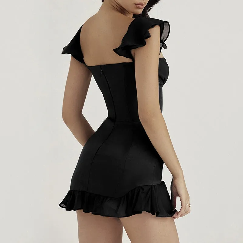 BerriesJam - Backless Ruffled Straight Neck Low Cut Suspender Dress