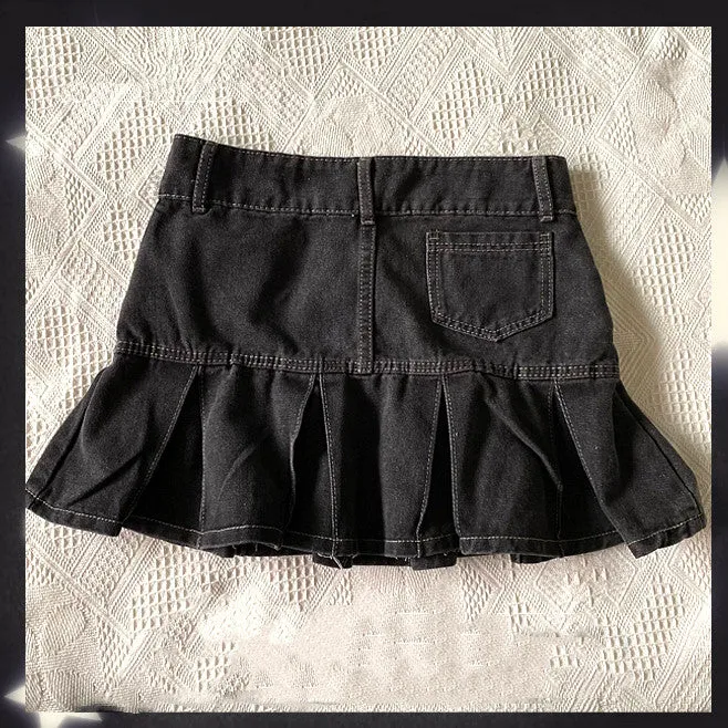 Black Denim Pleated Skirt  KF82861