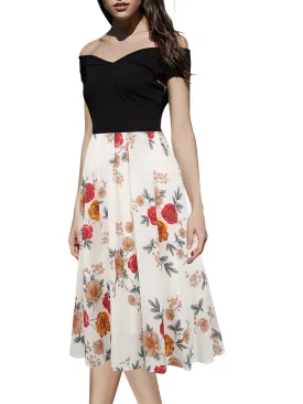 Black Floral Contrast Off-Shoulder Dress