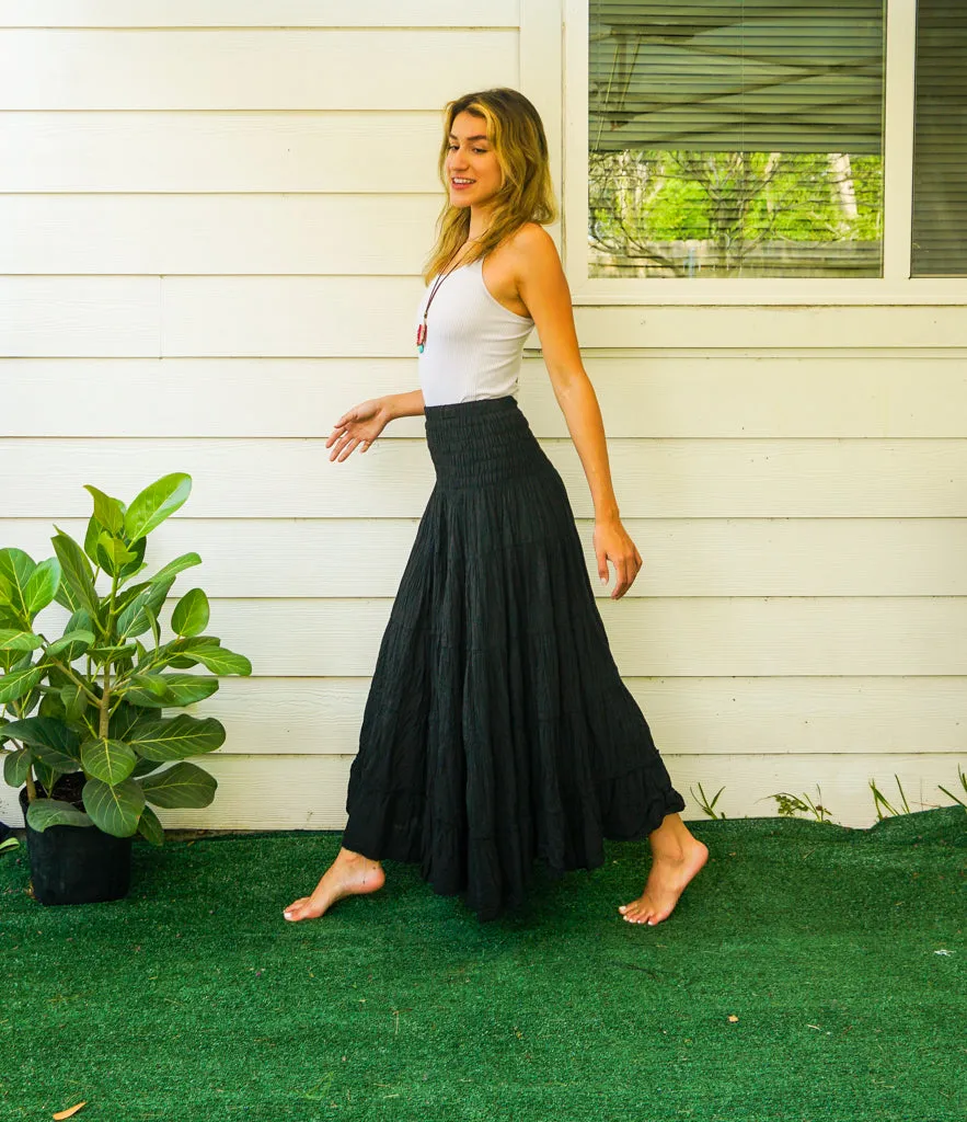 Black Raw Crinkled Organic Cotton Gauze Tiered Maxi Skirt