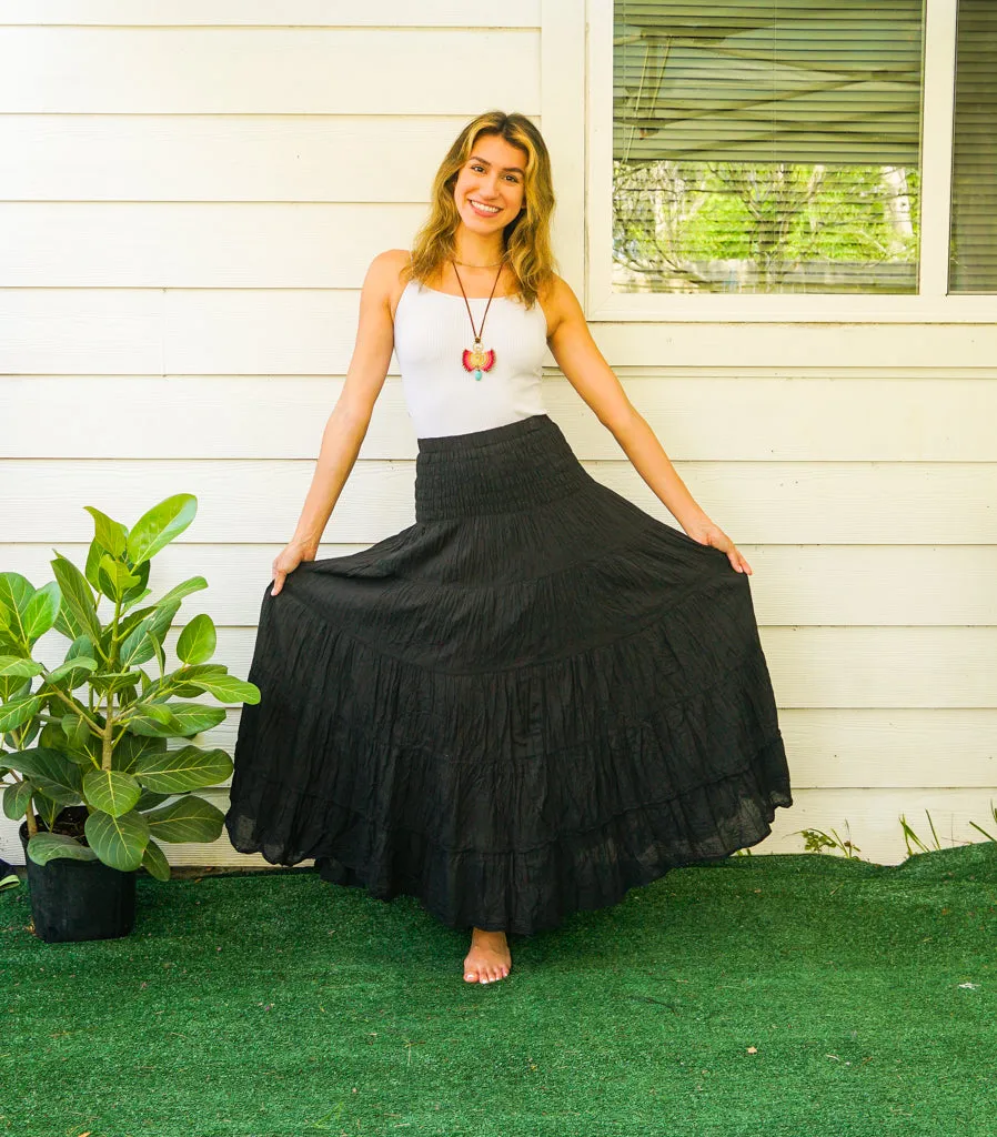 Black Raw Crinkled Organic Cotton Gauze Tiered Maxi Skirt