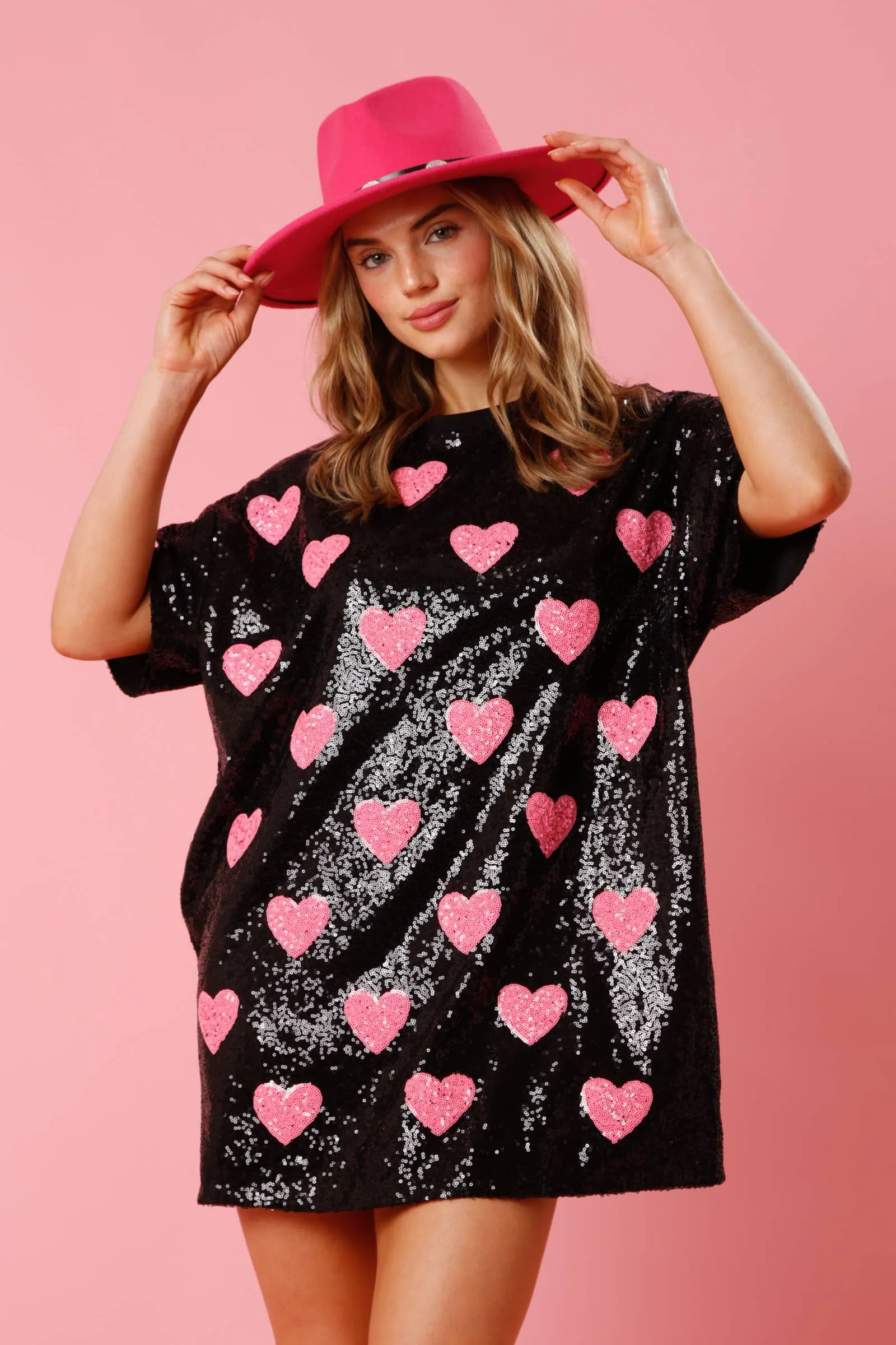 BLACK SEQUINED OVERSIZED SHIRT DRESS WITH PINK HEARTS