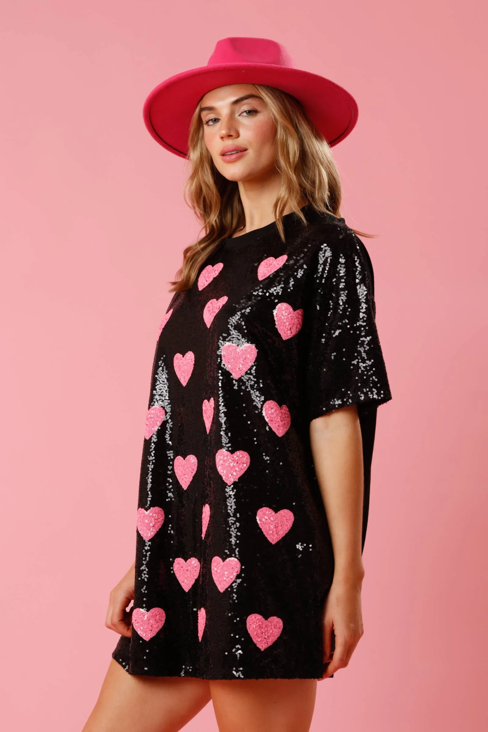 BLACK SEQUINED OVERSIZED SHIRT DRESS WITH PINK HEARTS