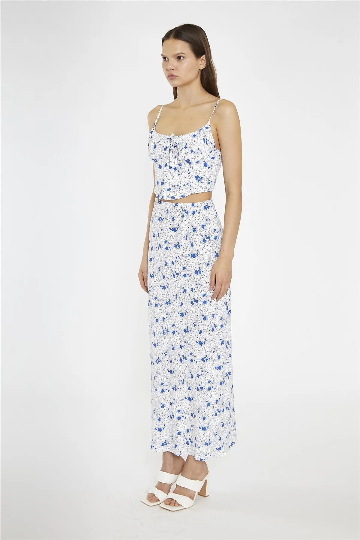 Blue-Dot Vintage-Floral Bias-Cut Midi-Skirt