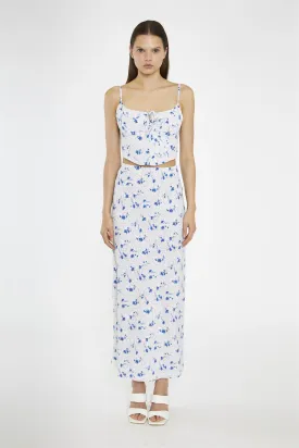 Blue-Dot Vintage-Floral Bias-Cut Midi-Skirt