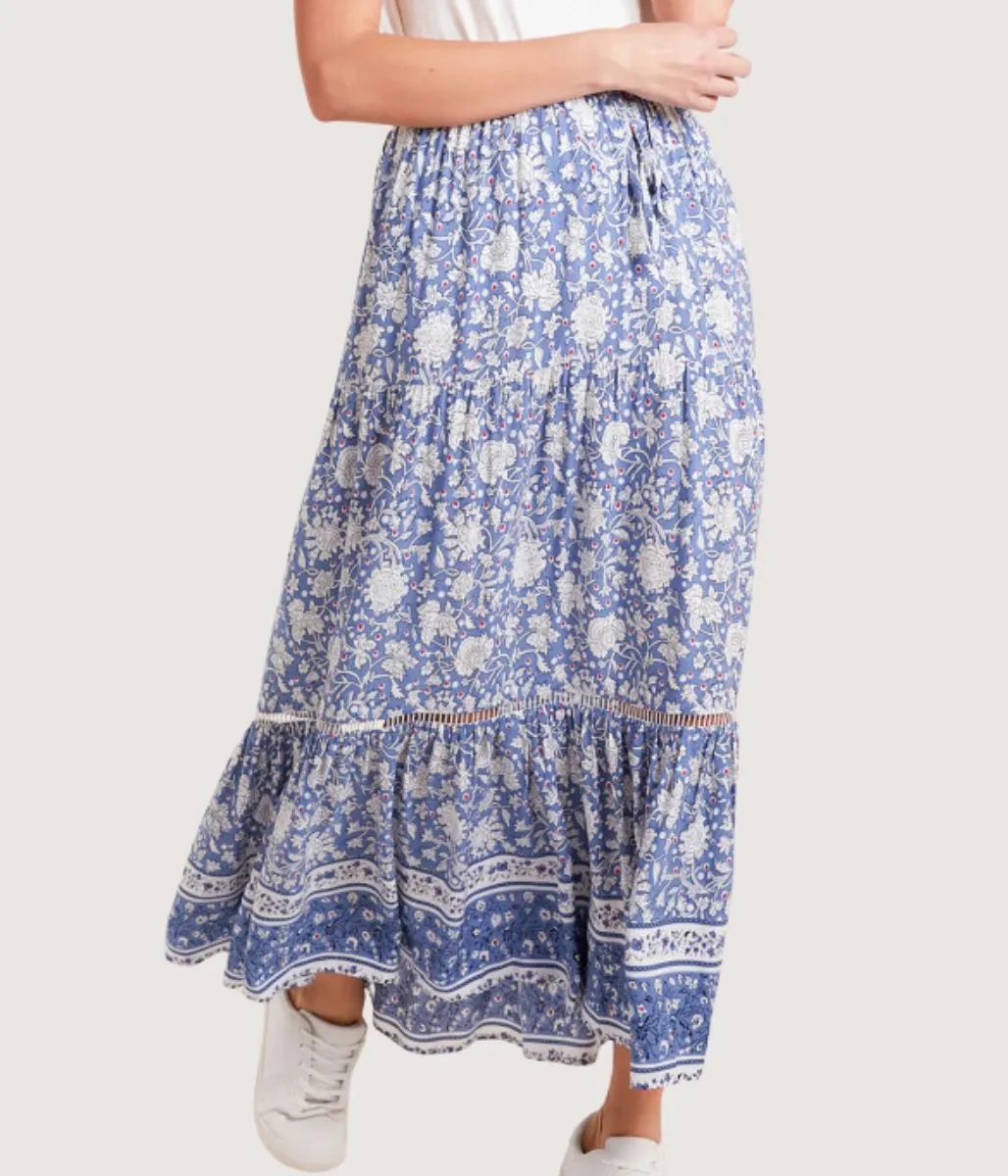 Blue Floral Tiered Midi kirt