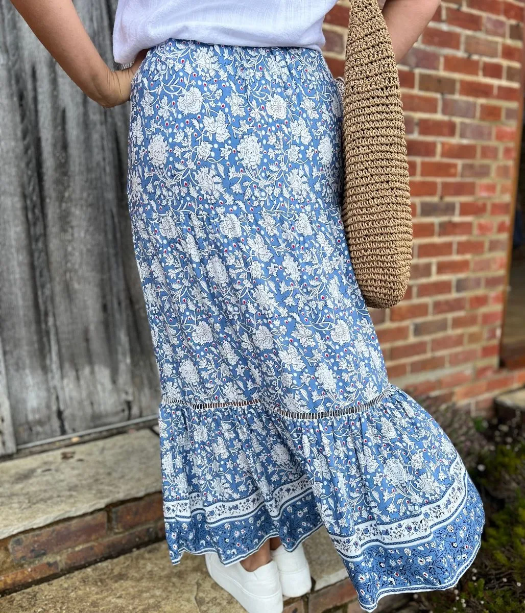 Blue Floral Tiered Midi kirt