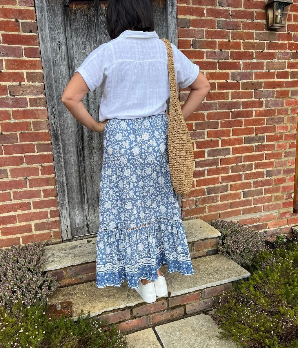 Blue Floral Tiered Midi kirt