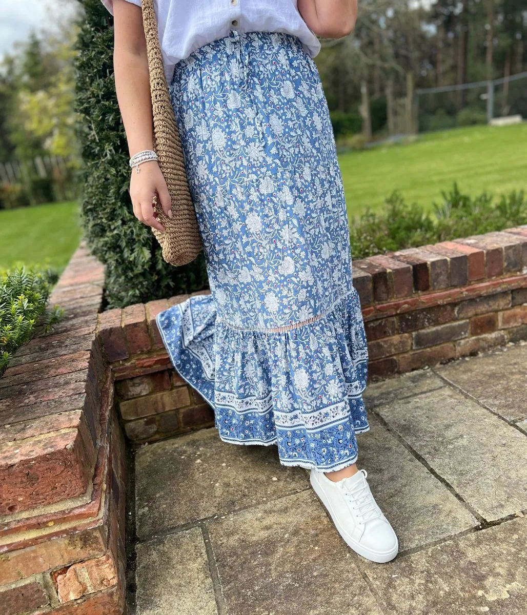 Blue Floral Tiered Midi kirt