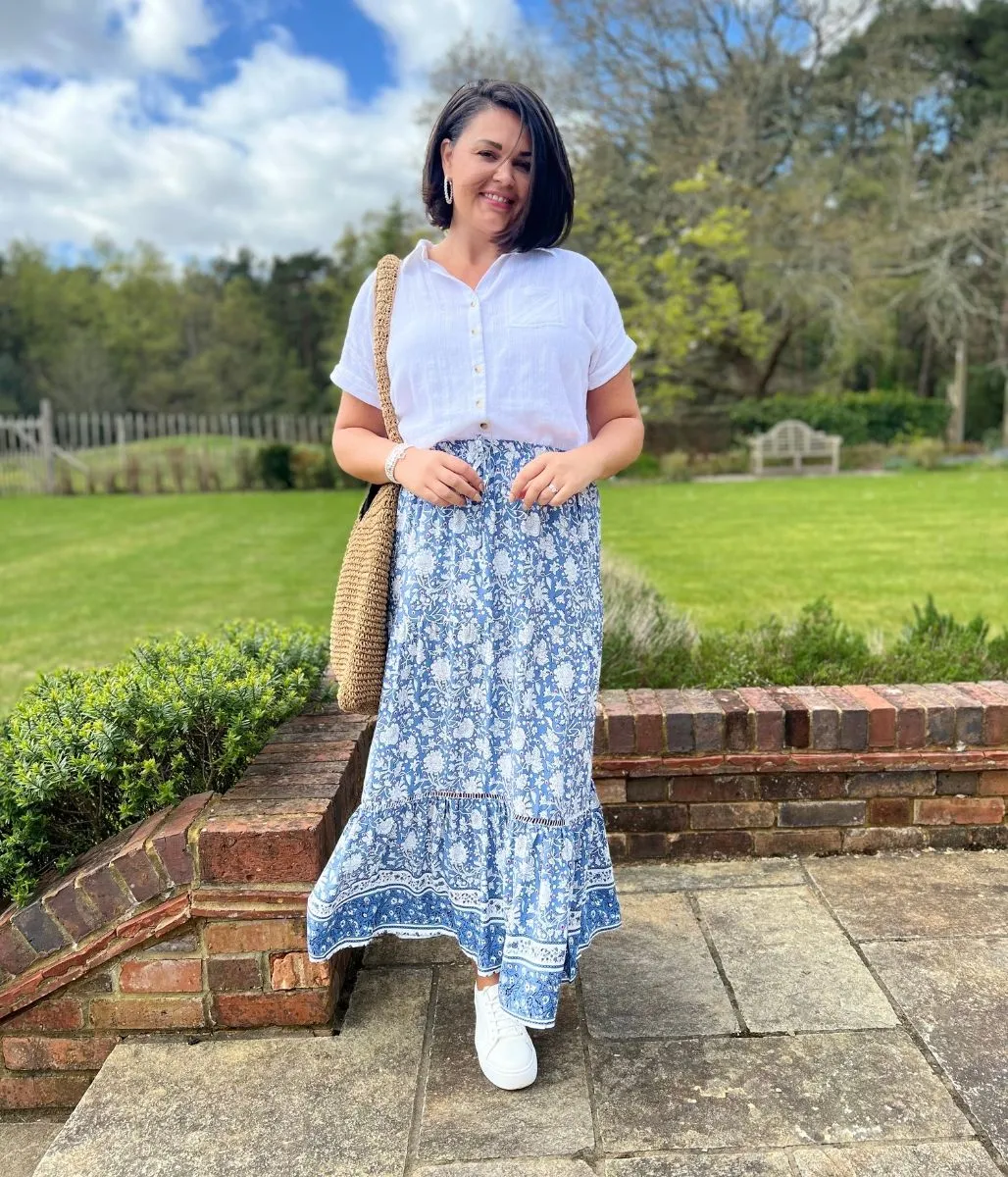 Blue Floral Tiered Midi kirt