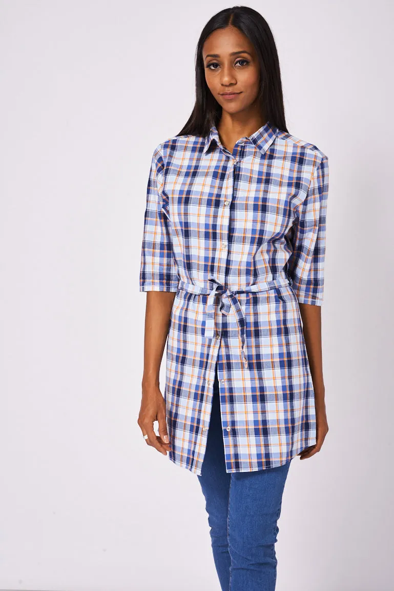 Blue Tiewaist Check Shirt Dress