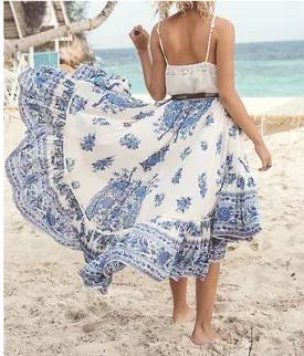 Boho Long Skirt "Hotel Paradiso" Plus Size Blue And White Midi Maxi Bohemian Peacock Print Size XXL or 2X