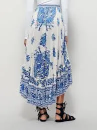 Boho Long Skirt "Hotel Paradiso" Plus Size Blue And White Midi Maxi Bohemian Peacock Print Size XXL or 2X