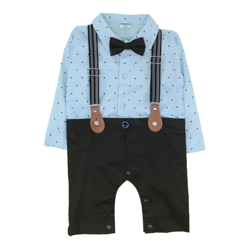 Bowtie Romper With Suspender And Cap - Dots