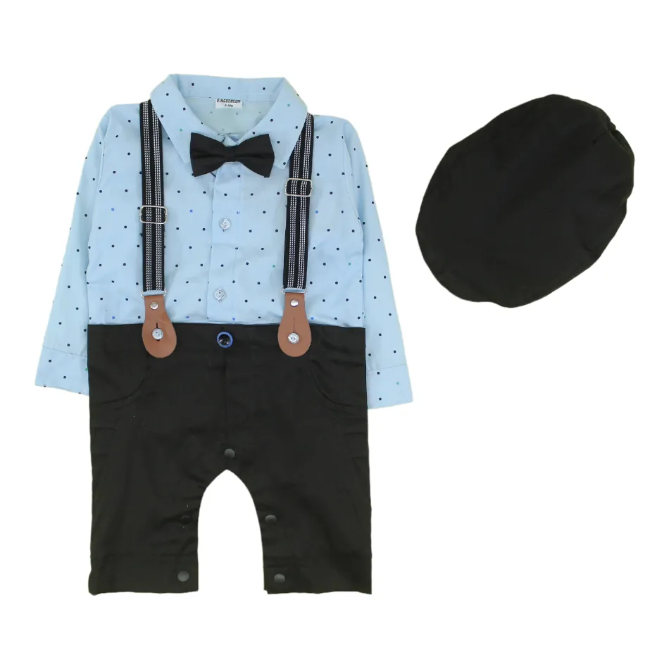 Bowtie Romper With Suspender And Cap - Dots