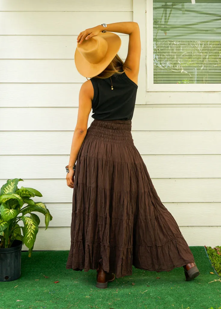 Brown Raw Crinkled Organic Cotton Gauze Tiered Maxi Skirt