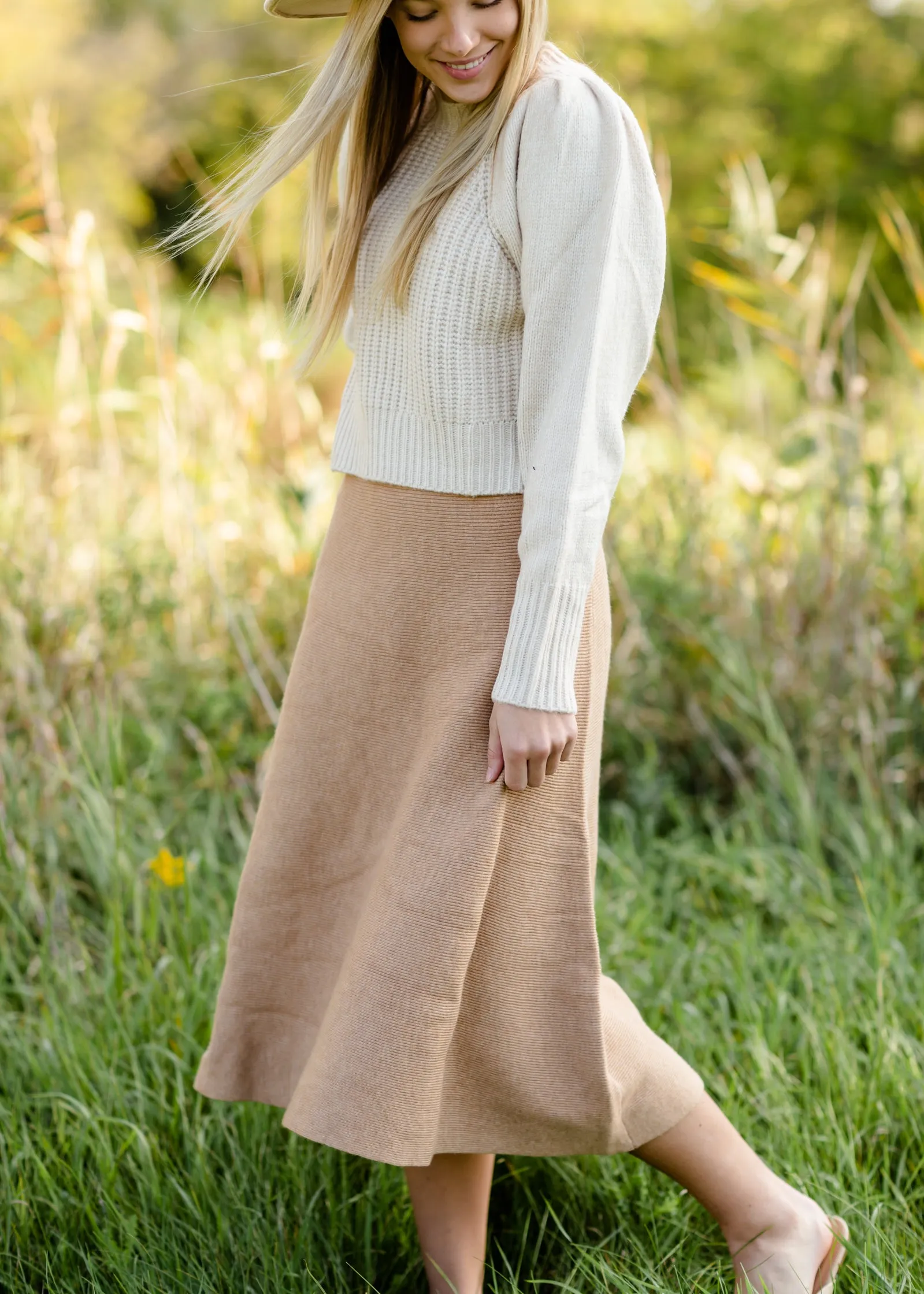 Camel Ribbed A Line Knit Midi Skirt - FINAL SALE