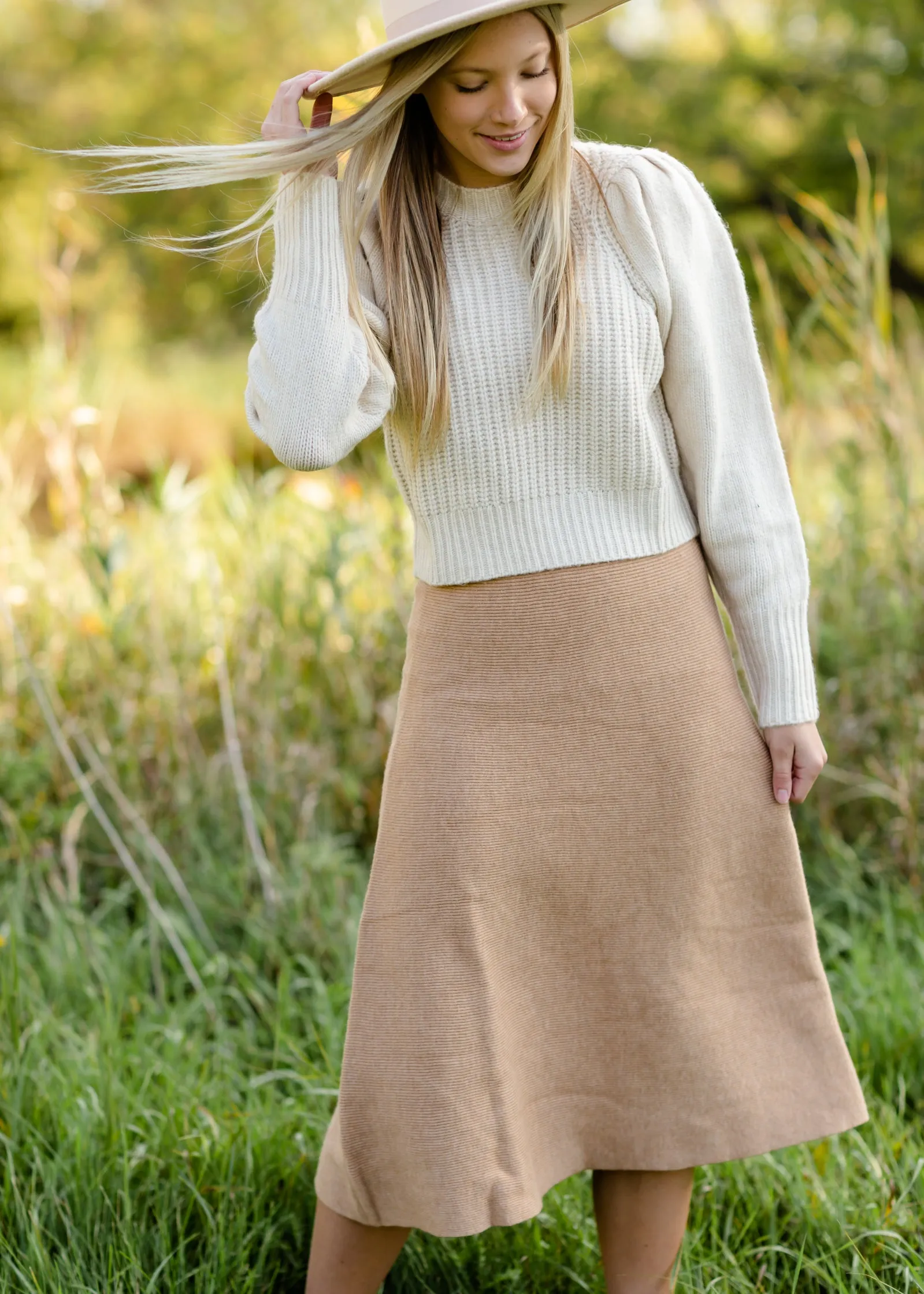 Camel Ribbed A Line Knit Midi Skirt - FINAL SALE