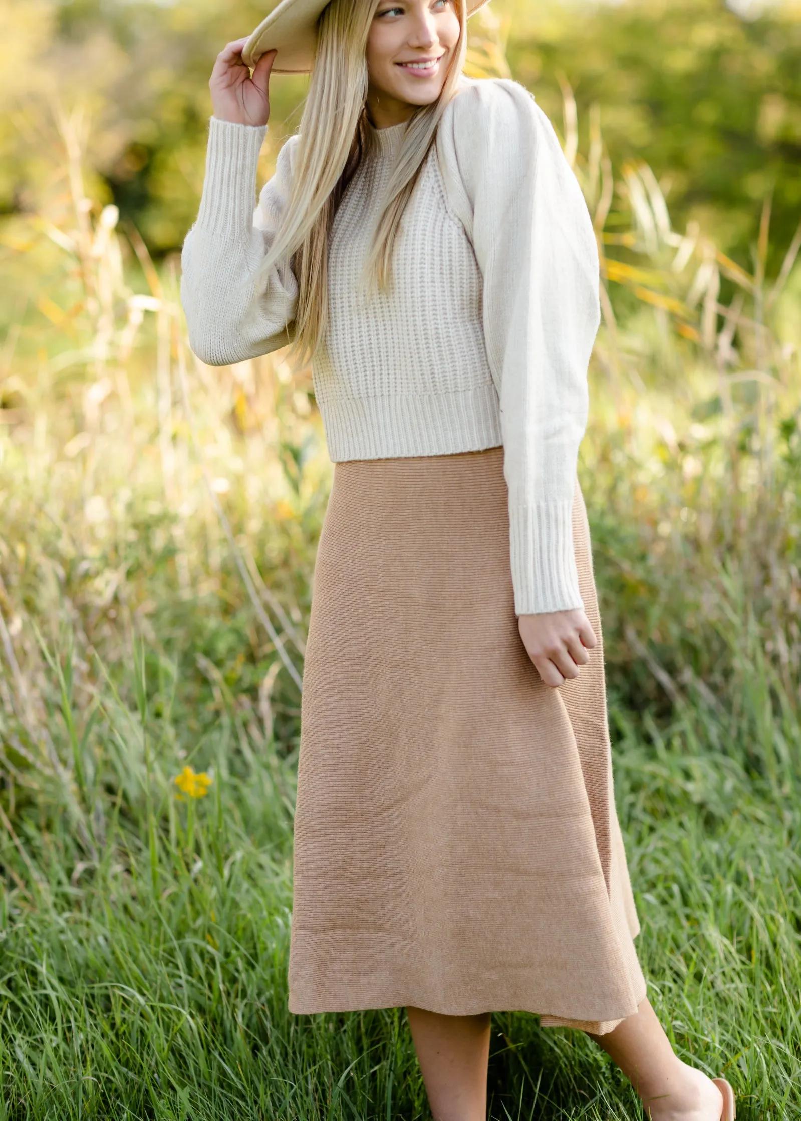 Camel Ribbed A Line Knit Midi Skirt - FINAL SALE