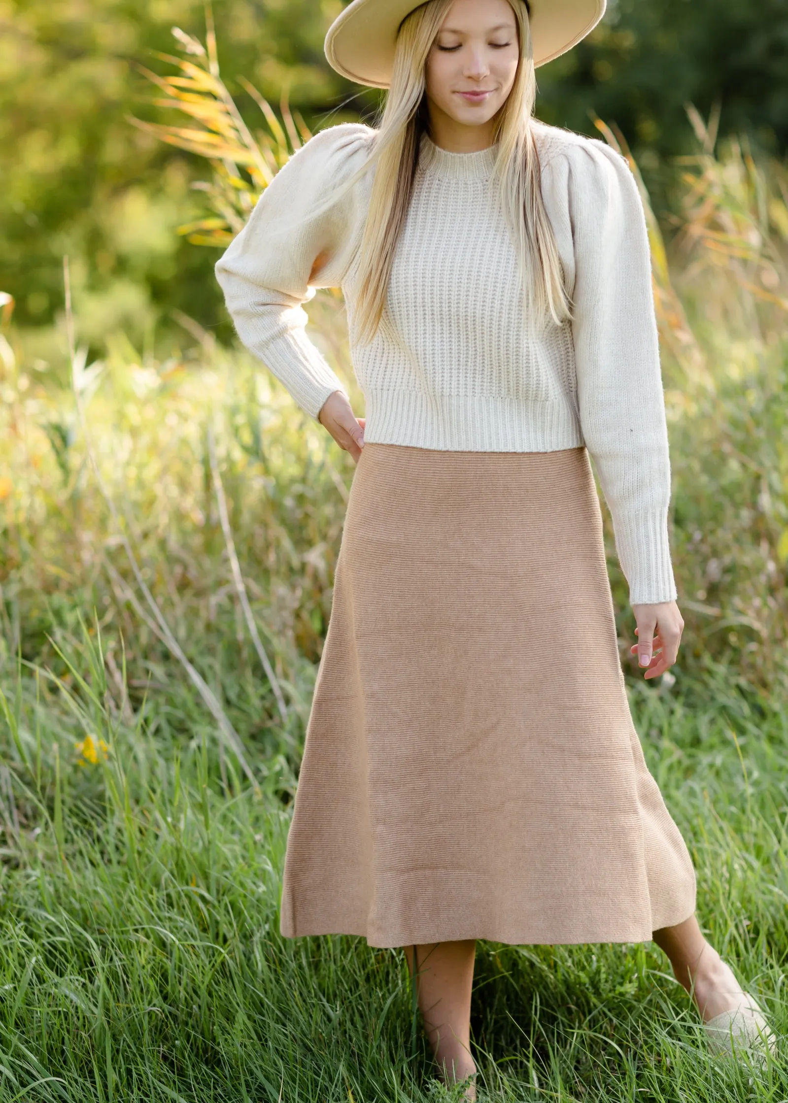 Camel Ribbed A Line Knit Midi Skirt - FINAL SALE