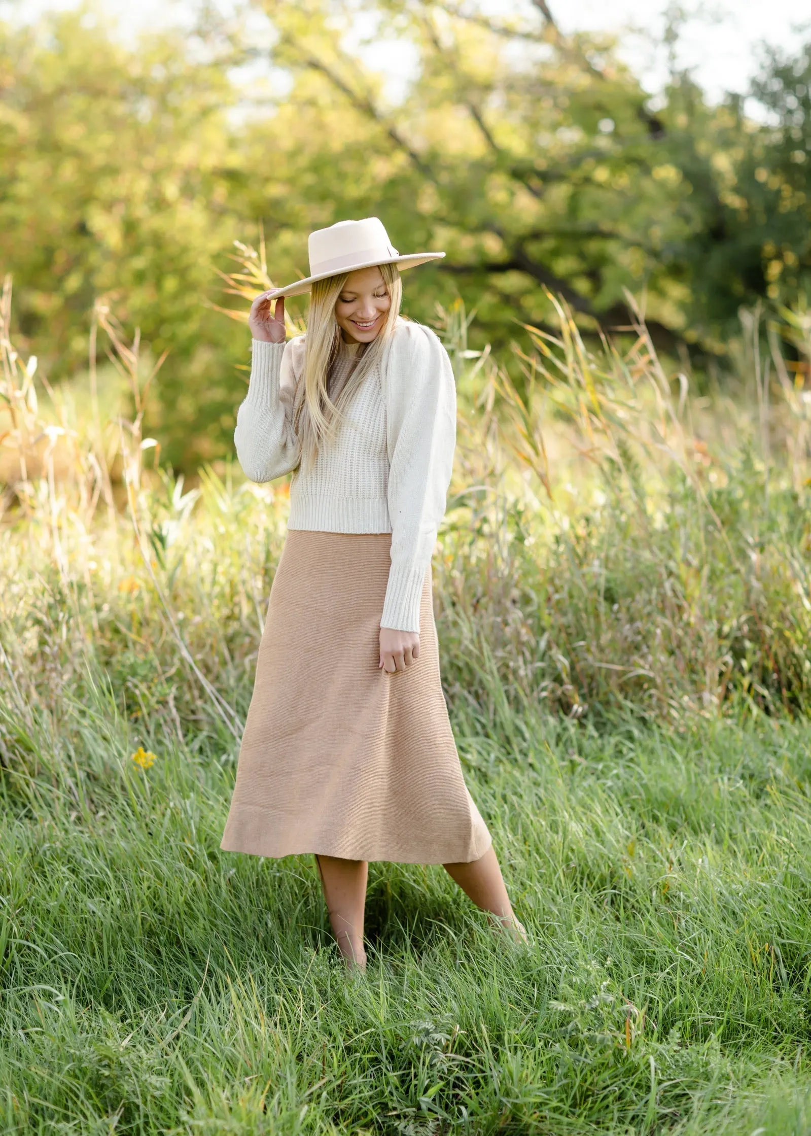 Camel Ribbed A Line Knit Midi Skirt - FINAL SALE