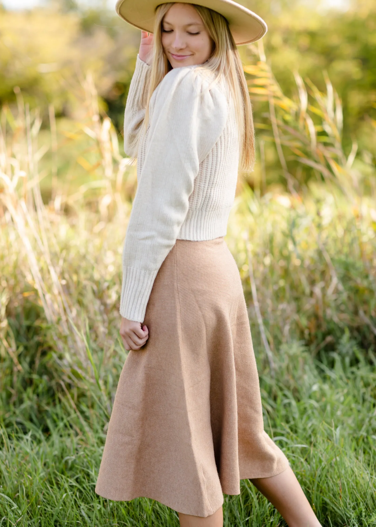 Camel Ribbed A Line Knit Midi Skirt - FINAL SALE