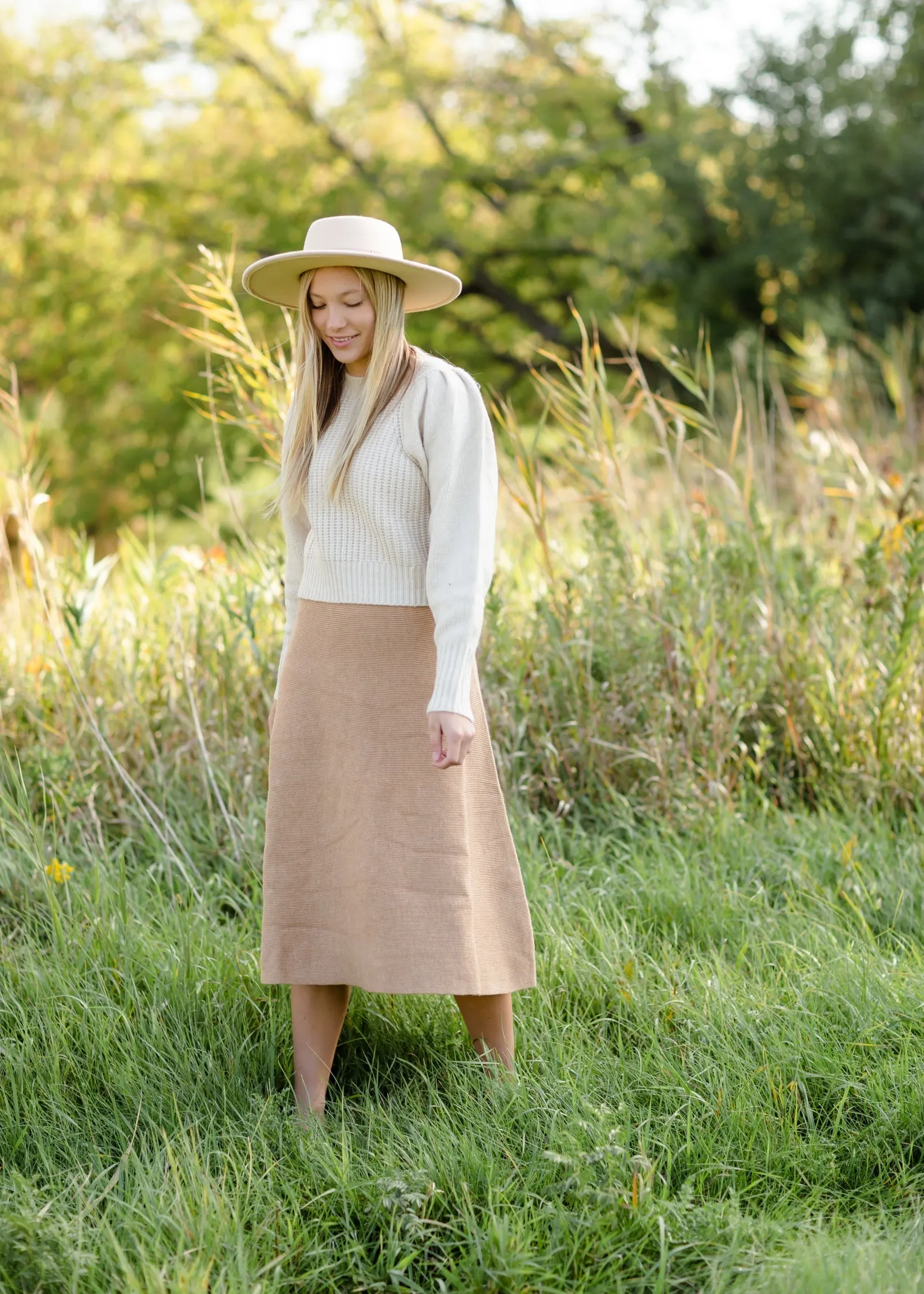 Camel Ribbed A Line Knit Midi Skirt - FINAL SALE