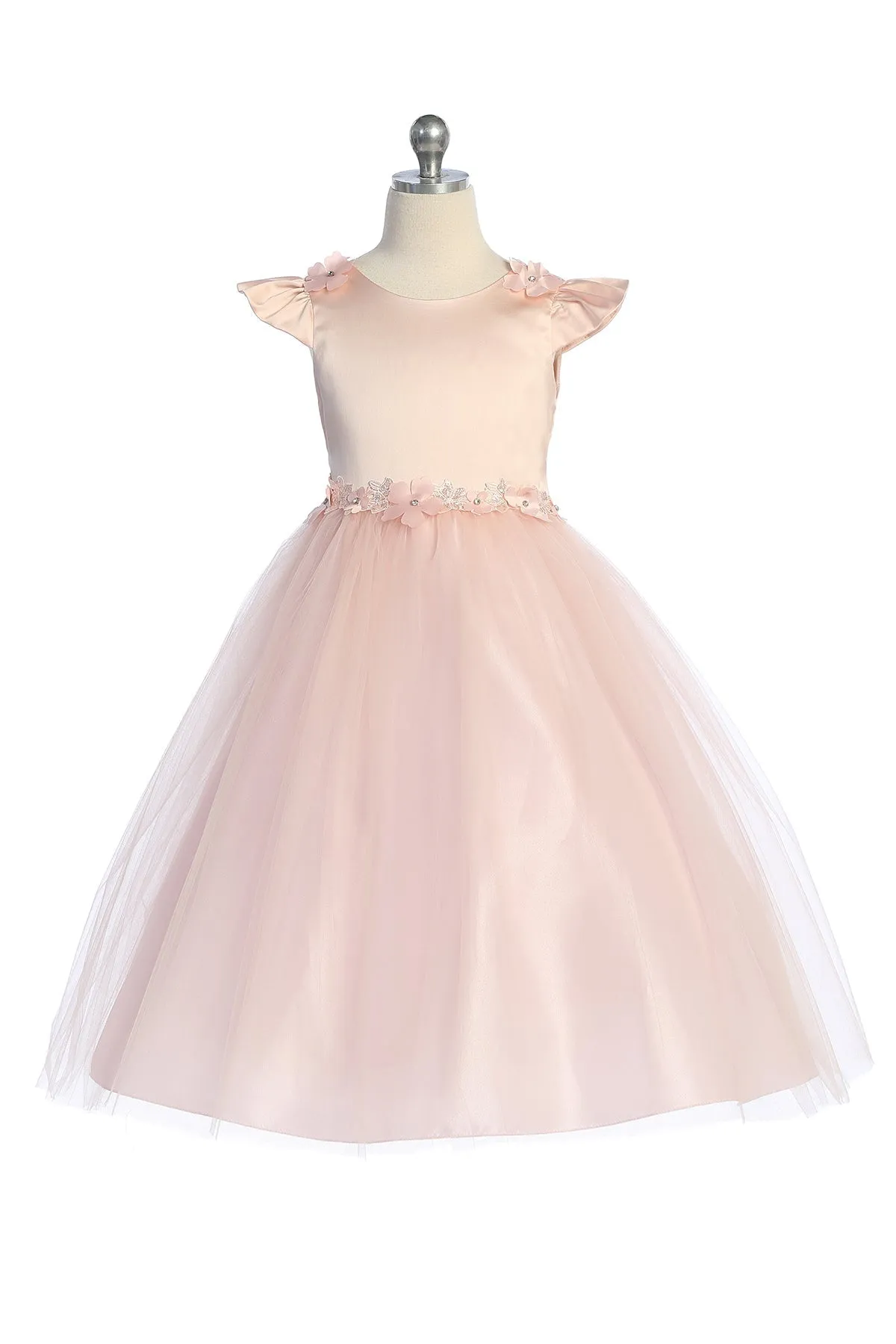 Capped Sleeve Satin & Tulle Girls Plus Size Dress with Floral Trim