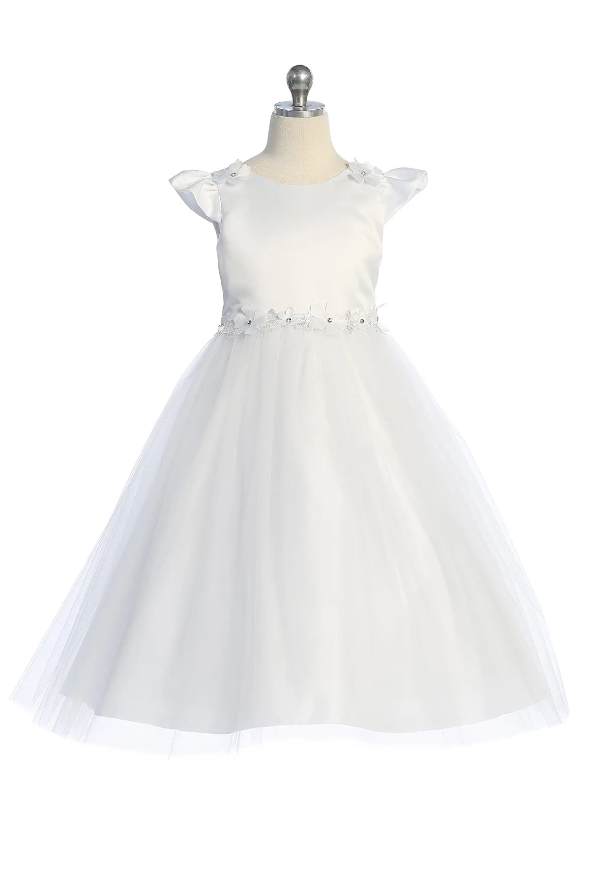 Capped Sleeve Satin & Tulle Girls Plus Size Dress with Floral Trim