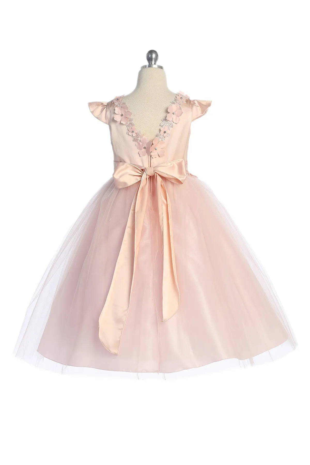 Capped Sleeve Satin & Tulle Girls Plus Size Dress with Floral Trim