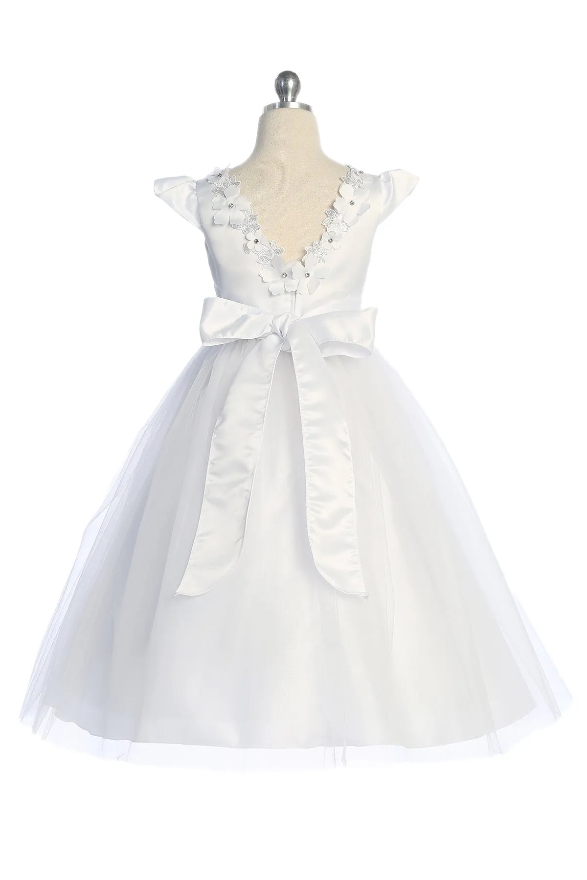 Capped Sleeve Satin & Tulle Girls Plus Size Dress with Floral Trim