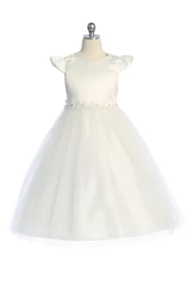 Capped Sleeve Satin & Tulle Girls Plus Size Dress with Floral Trim