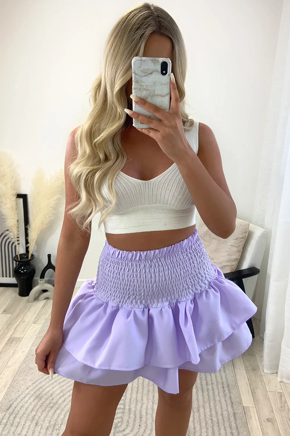 Cece Lilac Shirred Waist Ruffle Hem Mini Skirt