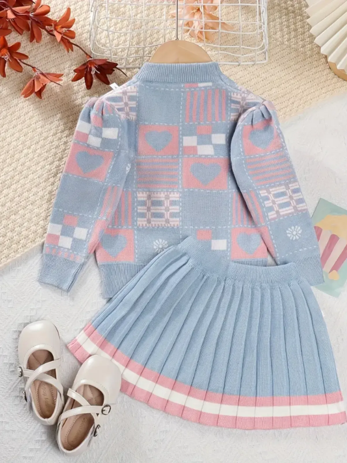 Charming Hearts and Plaid Girls' Sweater and Skirt Outfit