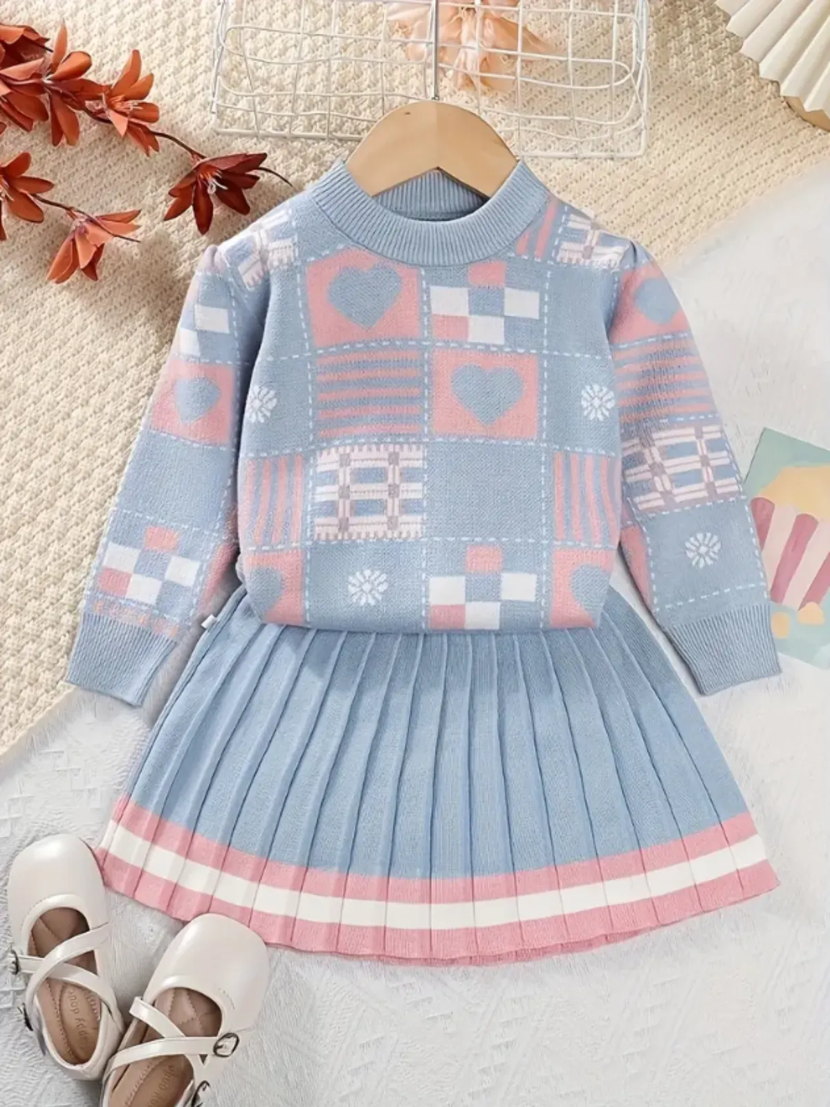 Charming Hearts and Plaid Girls' Sweater and Skirt Outfit