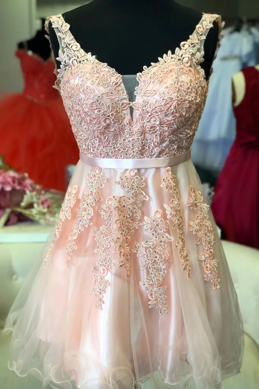 Cute A-line Short Pink Homecoming Dress With Lace Appliues OM495