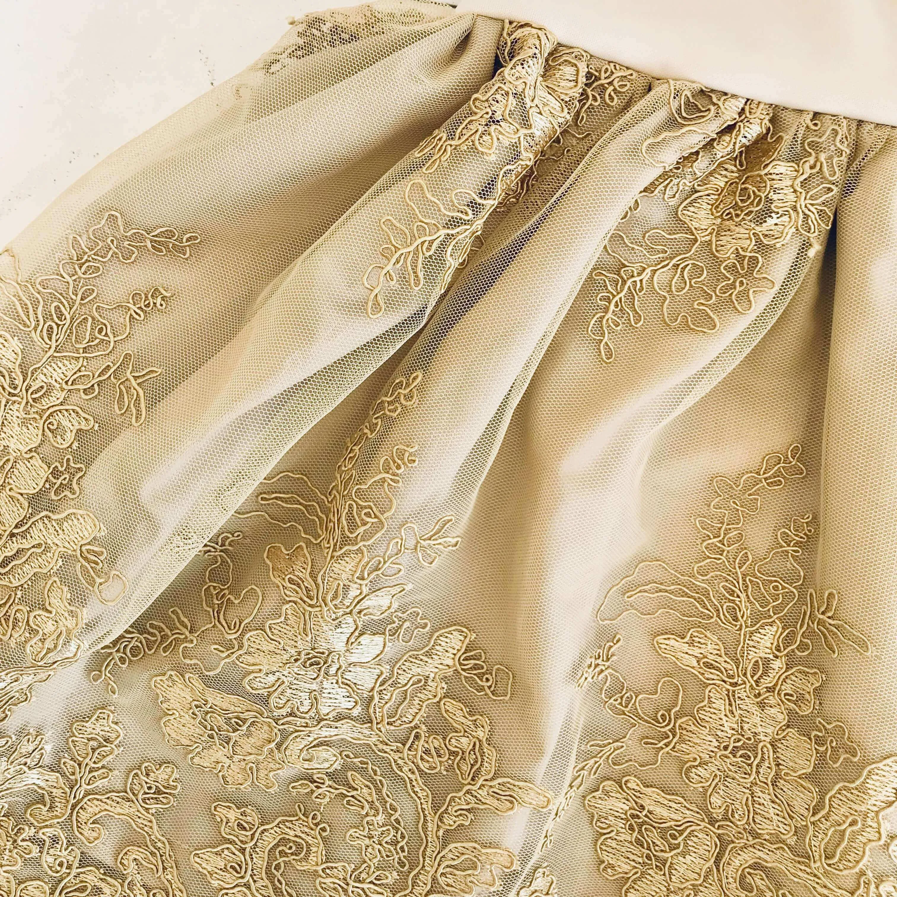 Dahlia Dress in Cream Neoprene and Gold Floral Tulle Embroidery