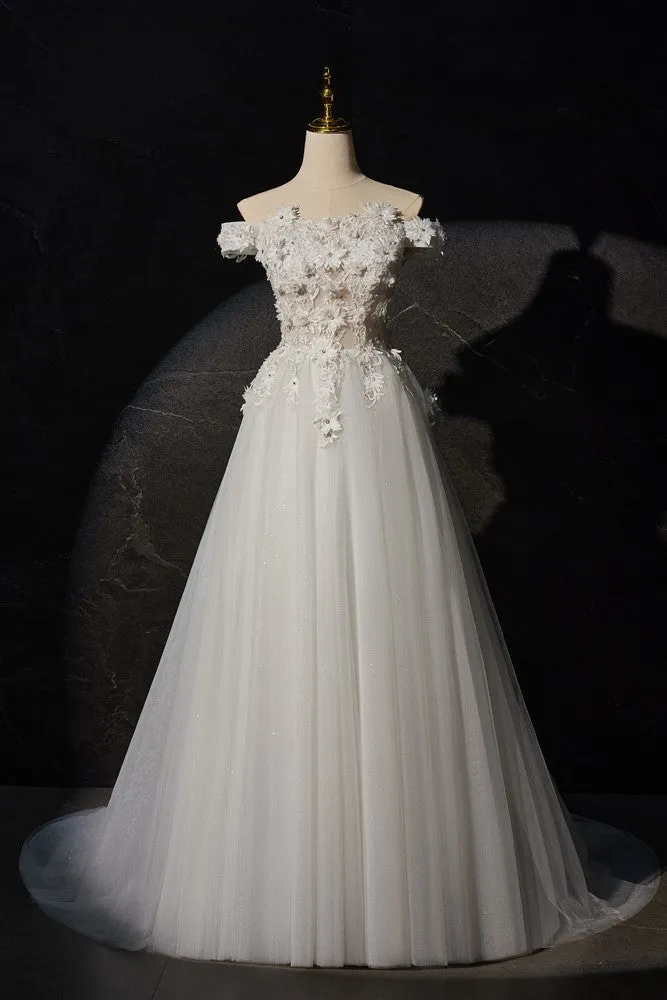 Delicate Appliques Off-the-shoulder Ivory Long Wedding Gown