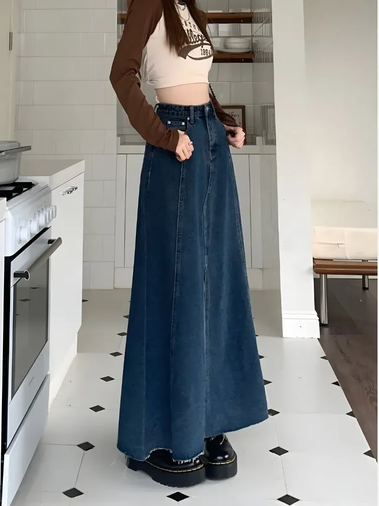 Denim Slit Frayed Hem Maxi Skirt