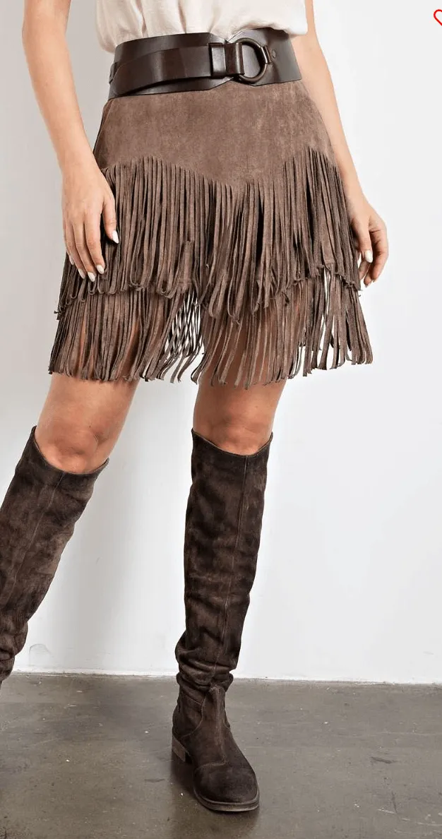 Easel Faux Khaki Suede Fringe Skirt