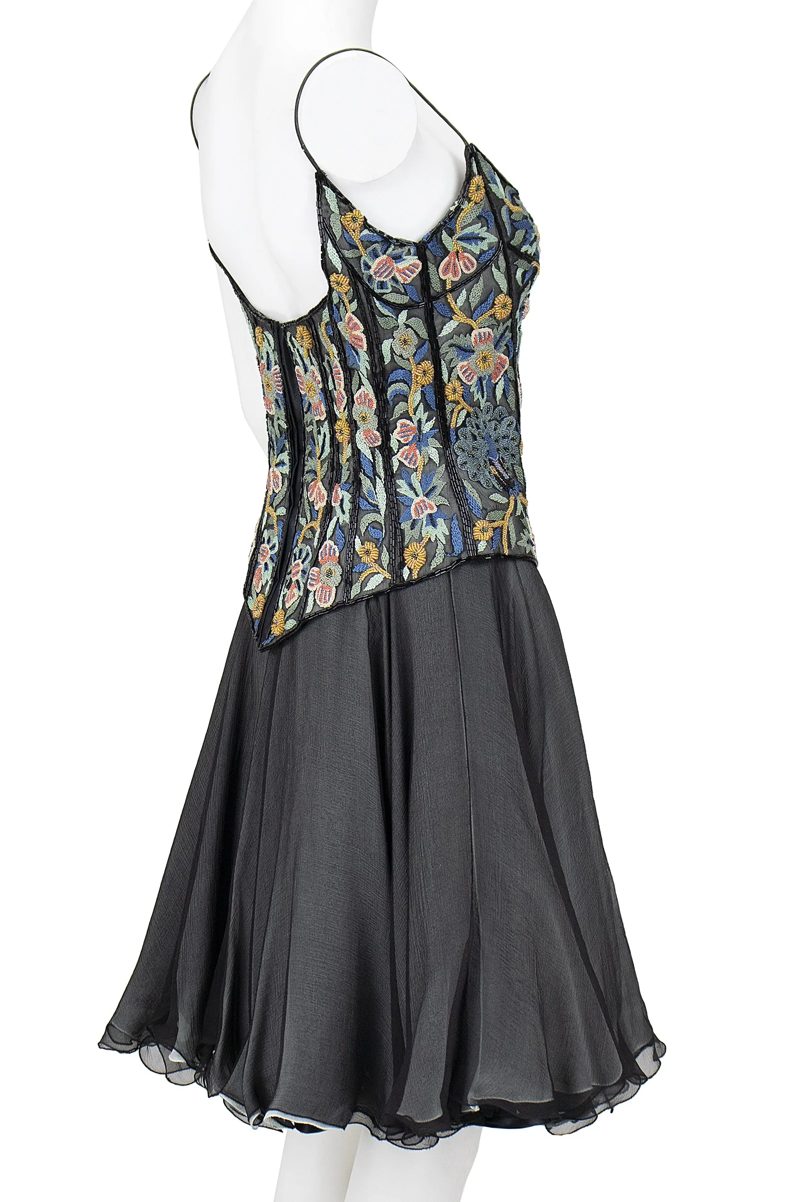 EAVIS & BROWN 1990s Floral & Peacock Corset, Chiffon Skirt