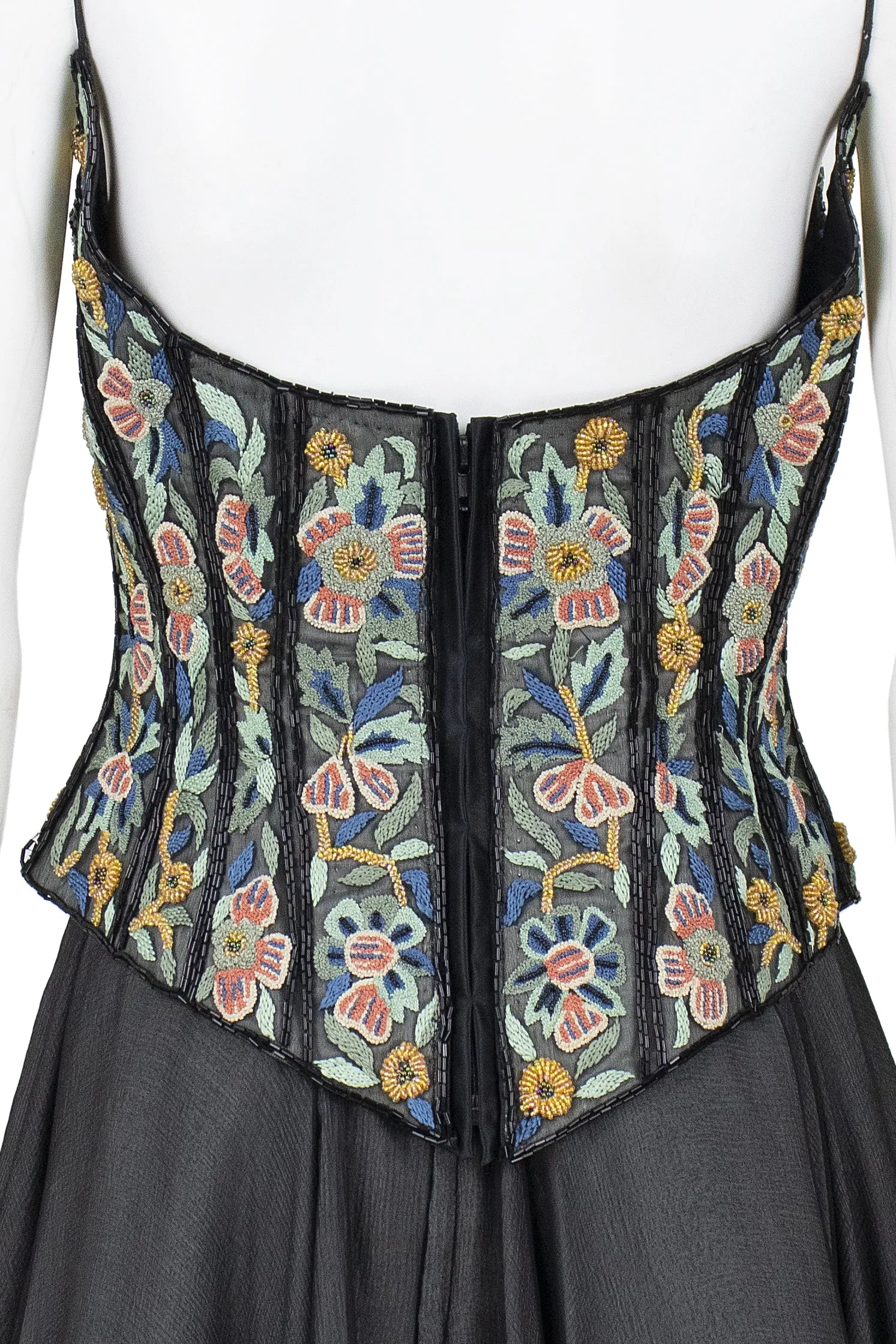 EAVIS & BROWN 1990s Floral & Peacock Corset, Chiffon Skirt