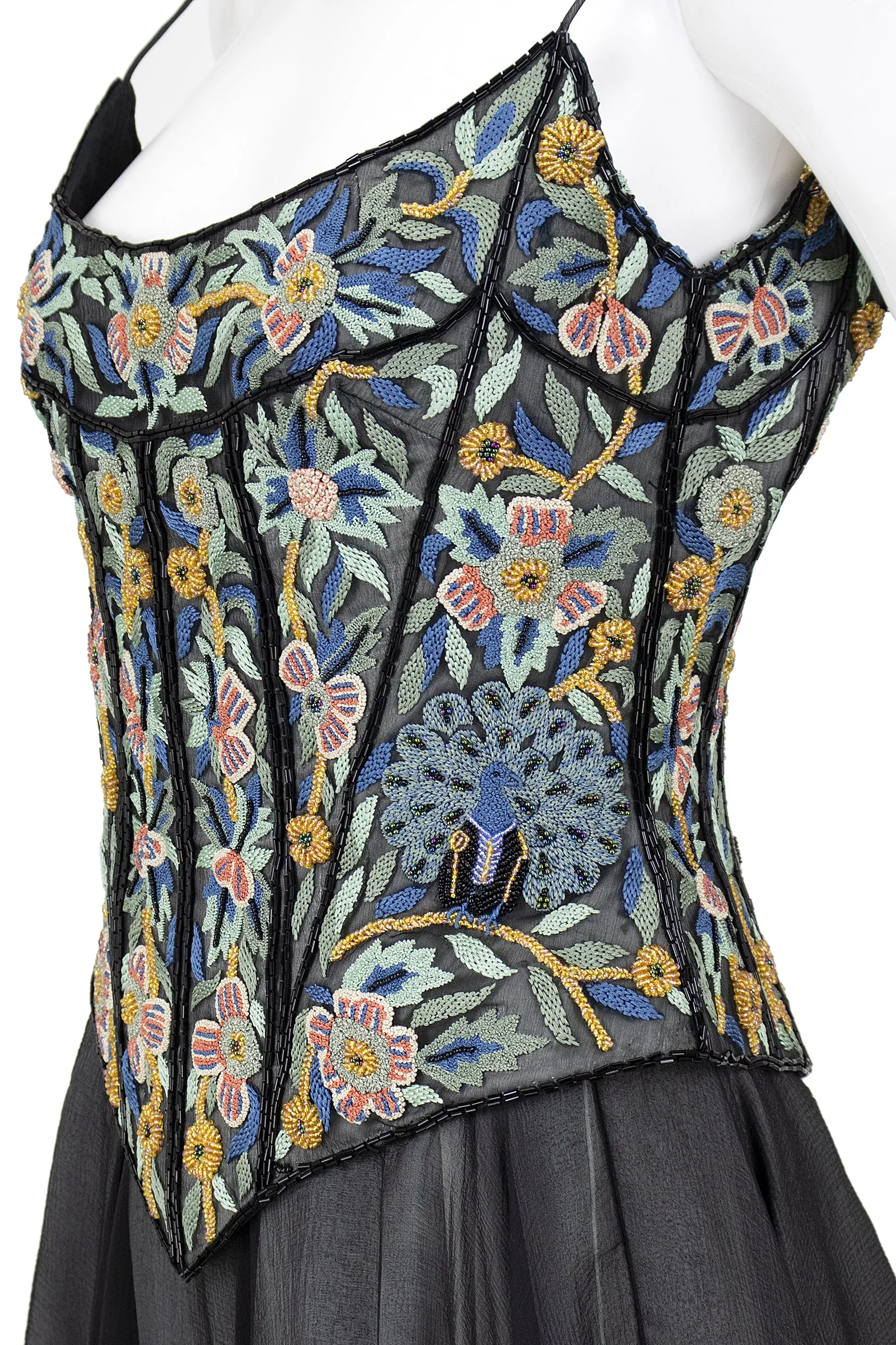 EAVIS & BROWN 1990s Floral & Peacock Corset, Chiffon Skirt