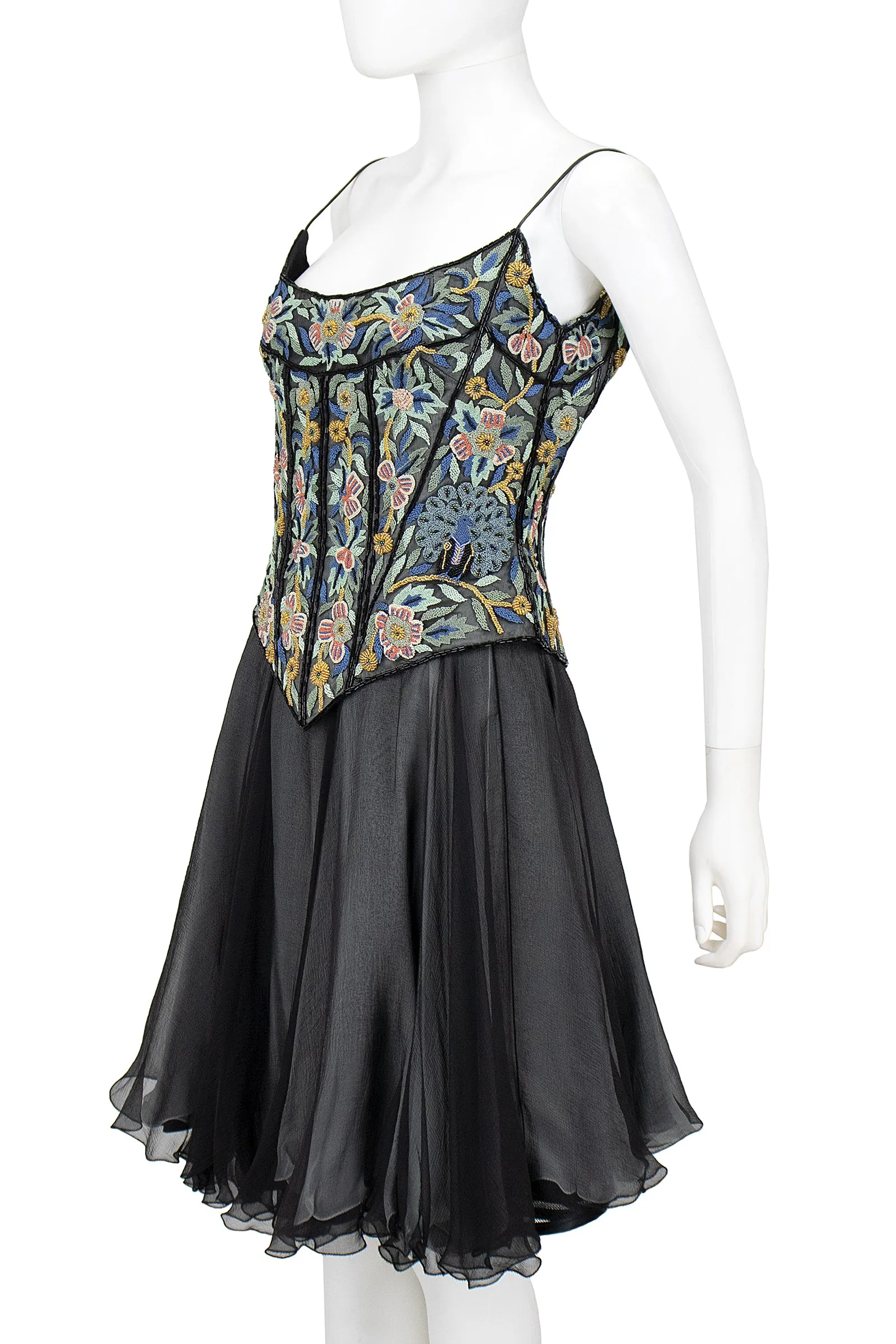 EAVIS & BROWN 1990s Floral & Peacock Corset, Chiffon Skirt